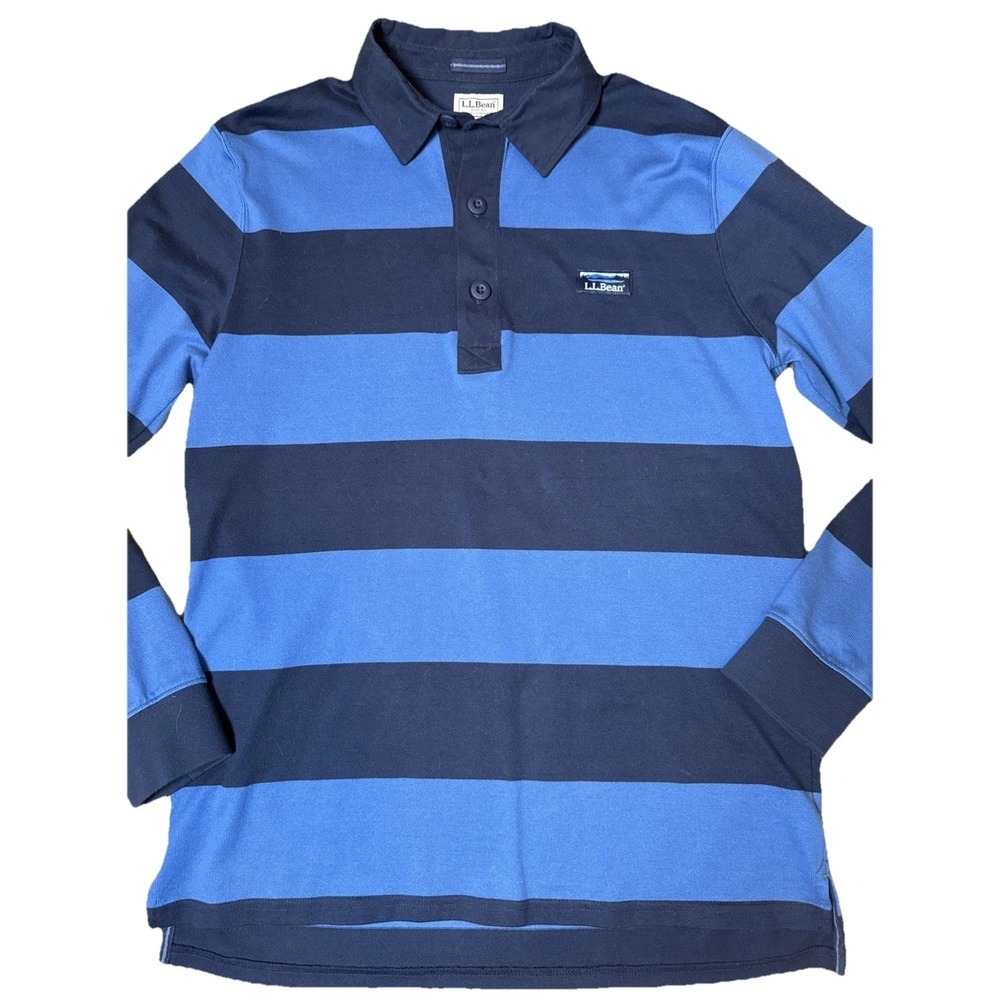 LL Bean Rugby Shirt Men's Medium Tall Blue Striped 100% Cotton Long Sleeve Polo